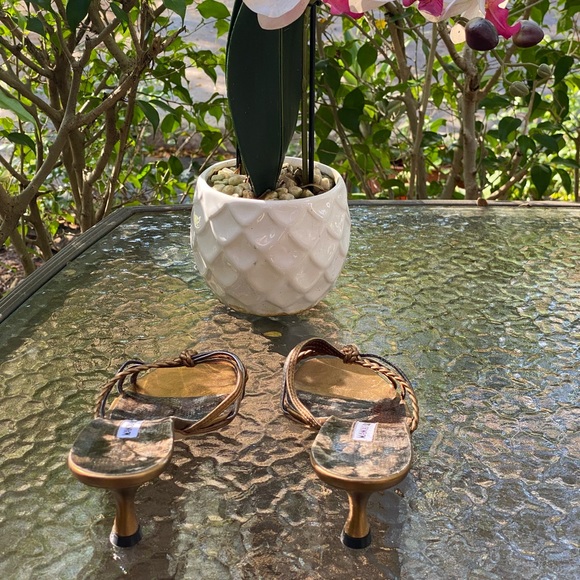 Manolo Blahnik Brown & Gold Strappy Kitten Heels - Picture 4 of 13